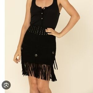 Idyllwind Black Fringe Mini Skirt with Stud Accents